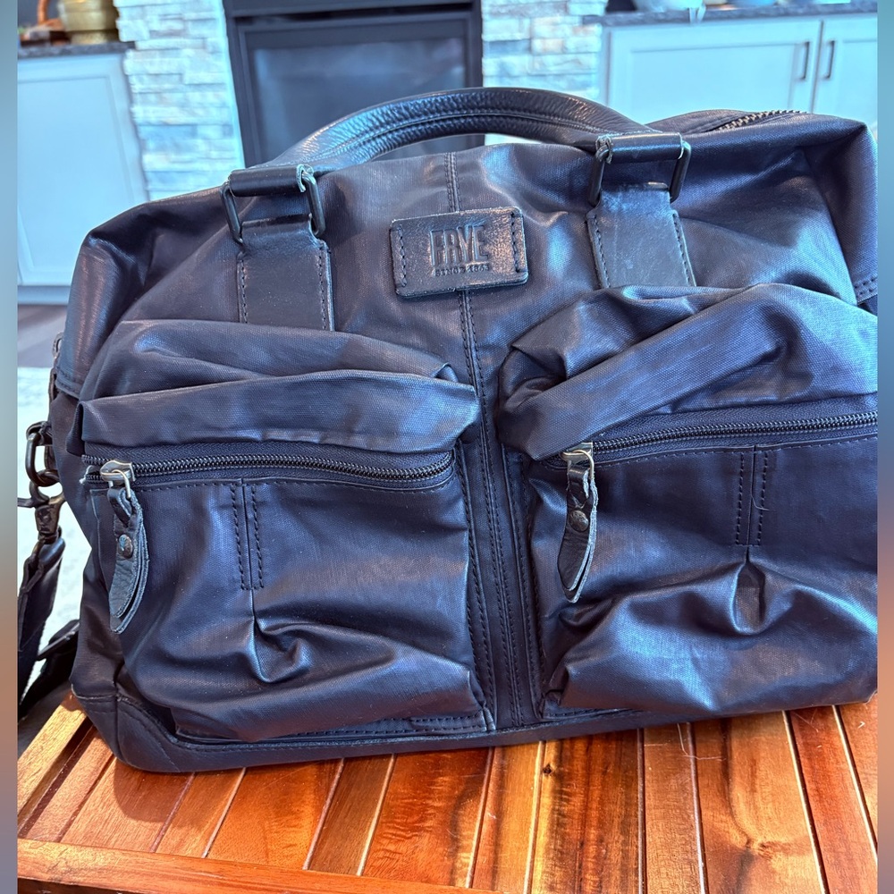 Frye Black Leather Crossbody Travel Overnight Scout Bag Adjustable Canvas Strap